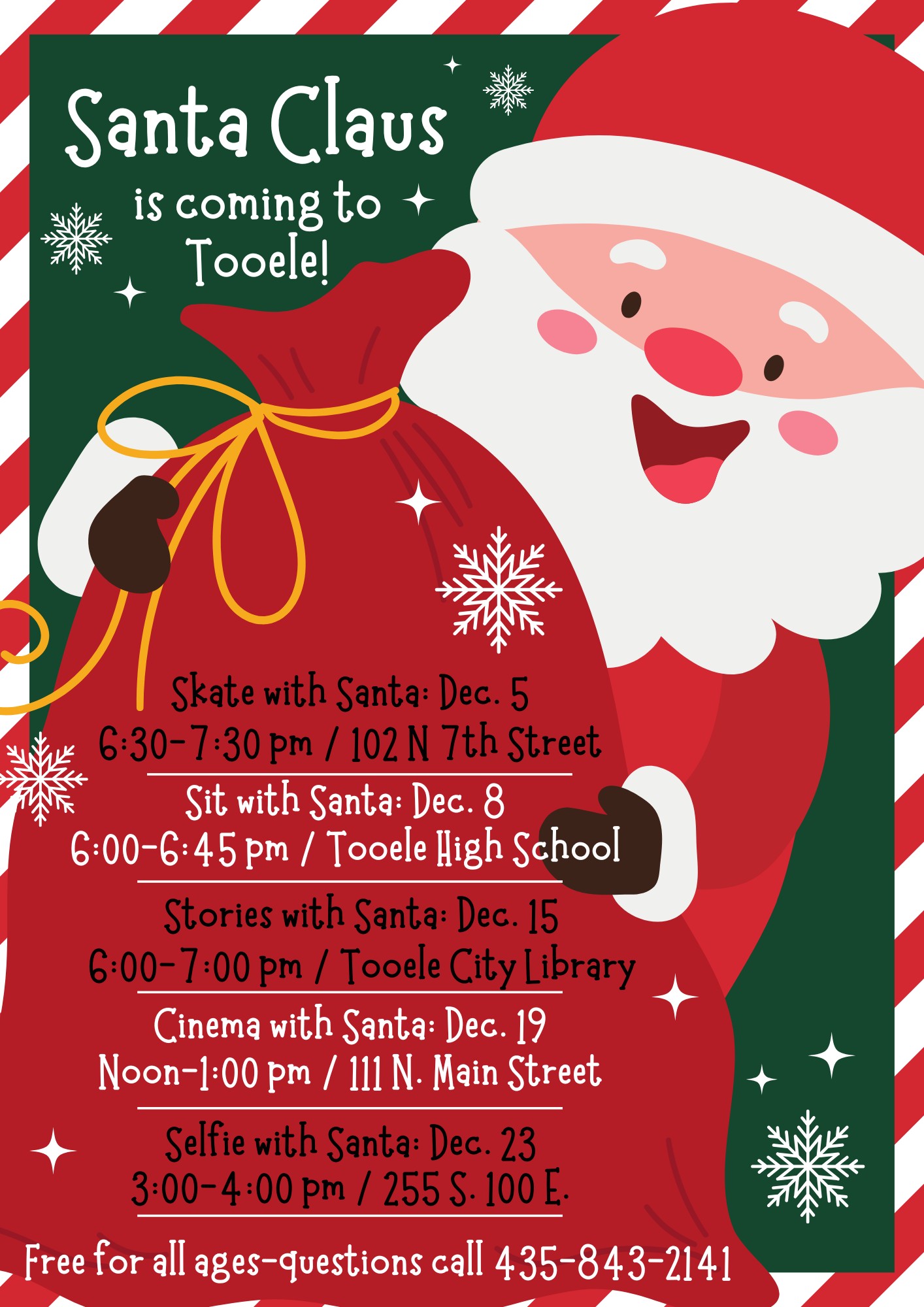 Santa holding his big bag of toys with details about upcoming events.